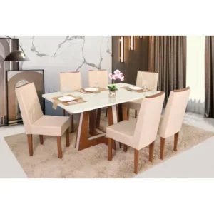 Conjunto de Mesa Vitória com 6 Cadeiras Freijó/Off White