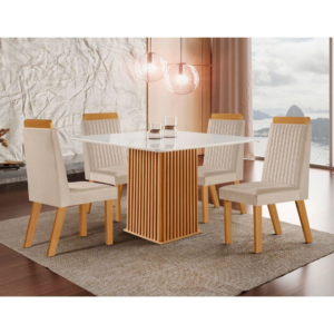 CONJUNTO MESA E CADEIRAS LJ MÓVEIS RIVIERA 0,90X0,90 TAMPO VIDRO C/04 CADEIRAS CASTANHO CINAMOMO/OFF WHITE