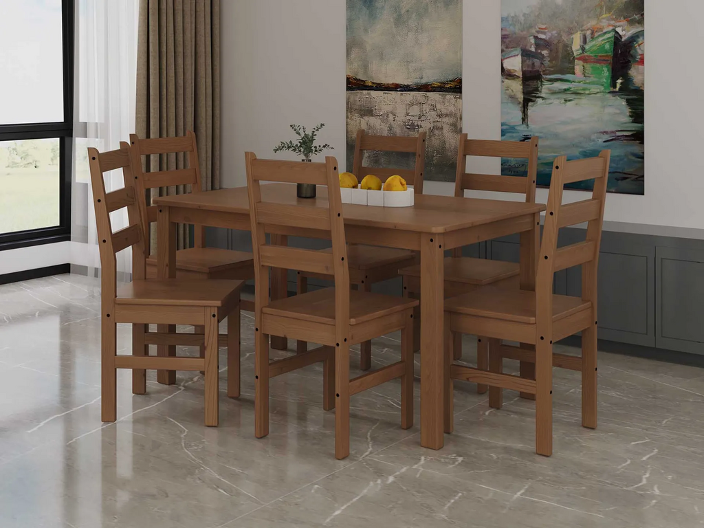 Conjunto de Mesa Tabulae Bella com 6 Cadeiras em Madeira Maciça Verniz Nogueira