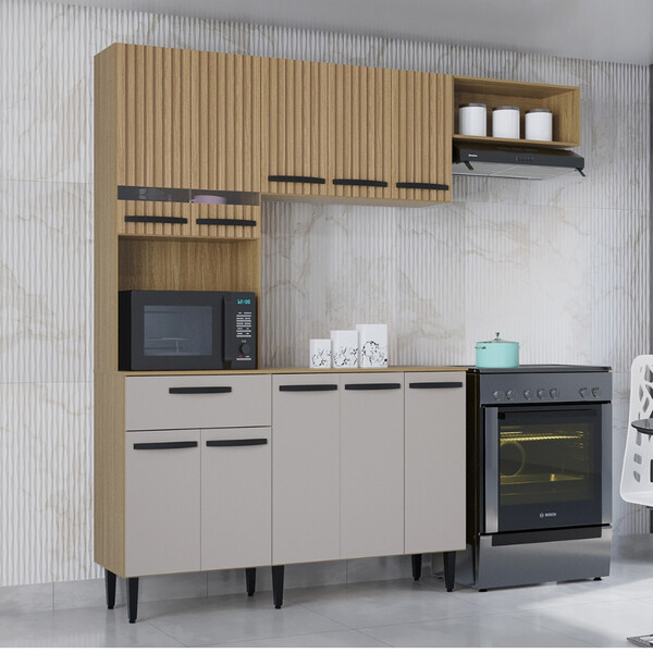 Armário de Cozinha Poquema Dora – Design Ripado em Damasco e Off White