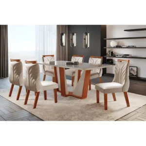 MESA MÓVEIS VENEZA TAMPO VIDRO COM 06 CADEIRAS CINAMOMO/OFF WHITE