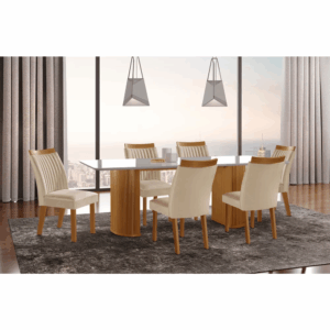 MESA DARA TAMPO VIDRO COM 06 CADEIRAS CINAMOMO/OFF WHITE