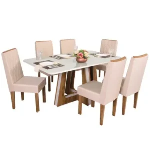 CONJUNTO DE MESA COM 6 CADEIRAS CINAMOMO/ OFF WHITE